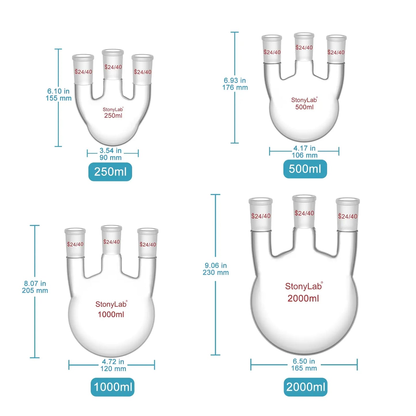3 Straight Neck Round Bottom Flask, 24/40 Joints, 250-2000ml Flasks-Round Bottom-3 Neck