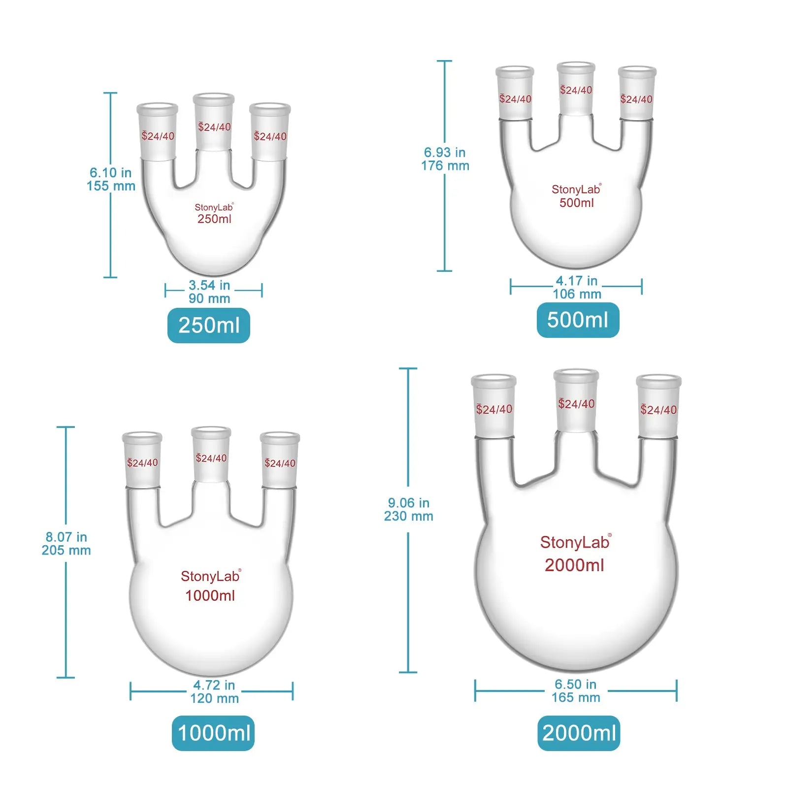 3 Straight Neck Round Bottom Flask, 24/40 Joints, 250-2000ml Flasks-Round Bottom-3 Neck
