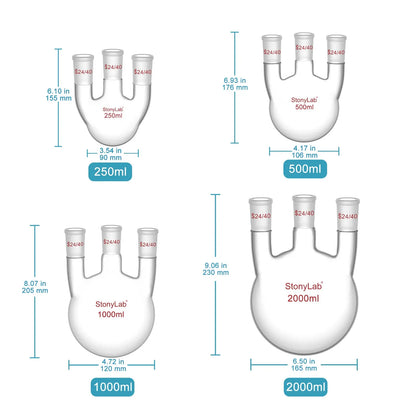 3 Straight Neck Round Bottom Flask, 24/40 Joints, 250-2000ml Flasks-Round Bottom-3 Neck