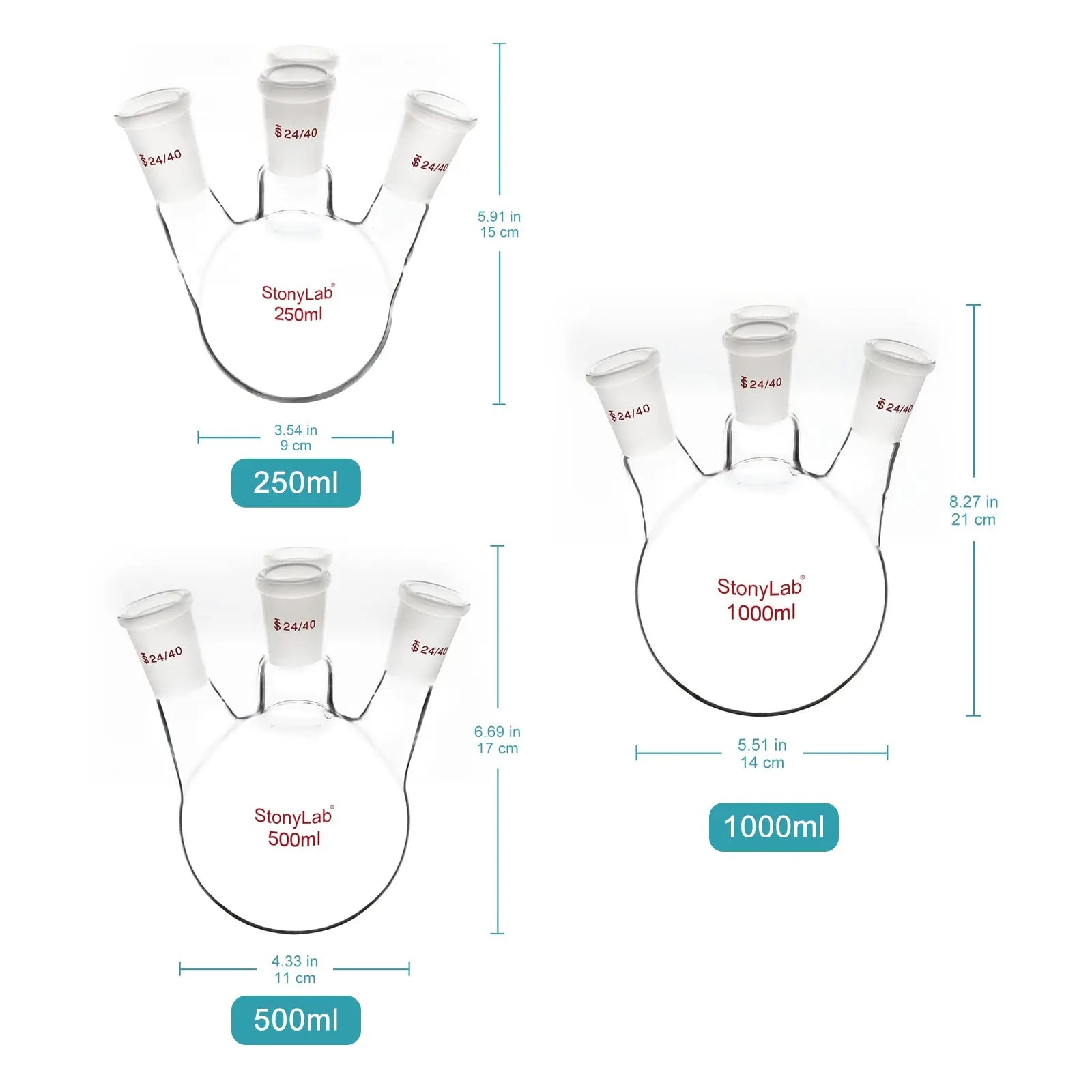 4 Neck Round Bottom Flask, 24/40 Joint, 250/500/1000 ml Flasks-Round Bottom