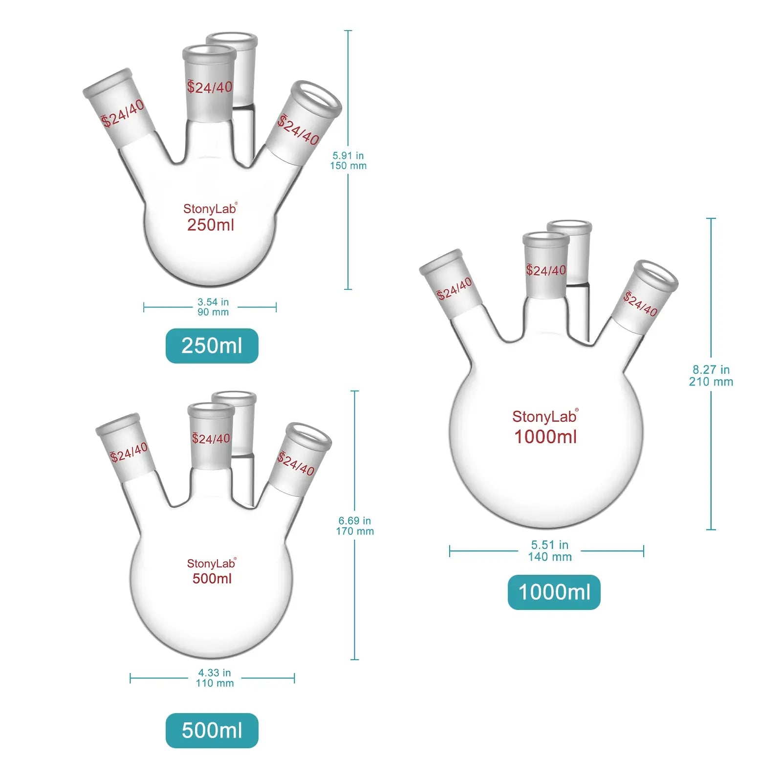 Close-up view showing the precise design and material of StonyLab 4-Neck Round Bottom Flask