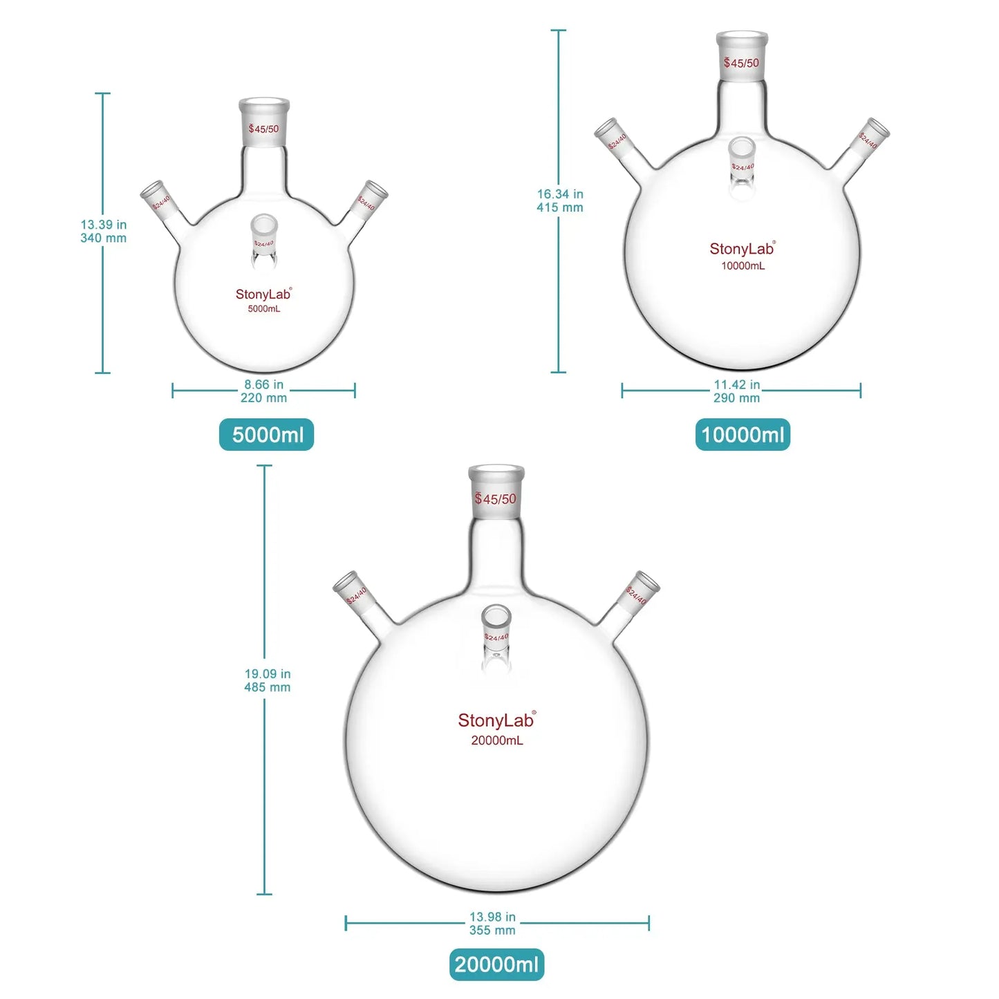 4 Neck Round Bottom Flask, 45/50 Center and Three 24/40 Side Joints, 5-20 L Flasks-Round Bottom-4 Neck