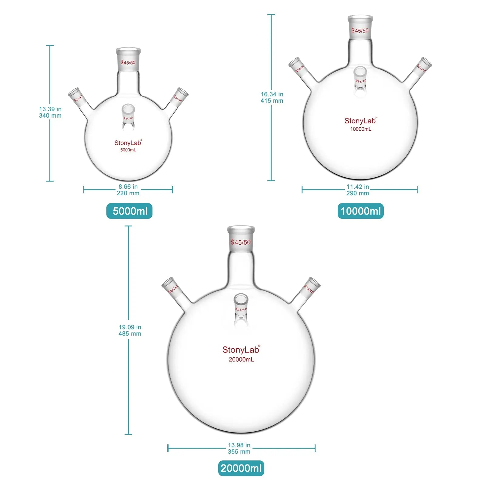4 Neck Round Bottom Flask, 45/50 Center and Three 24/40 Side Joints, 5-20 L Flasks-Round Bottom-4 Neck