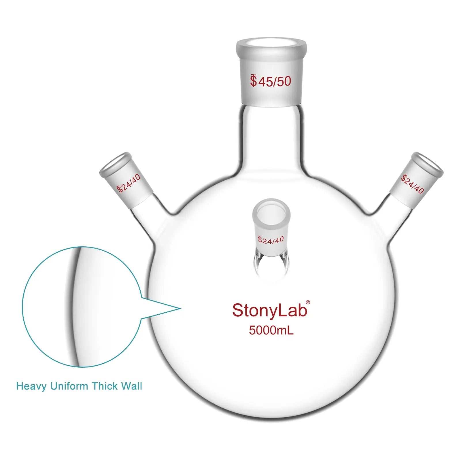 4 Neck Round Bottom Flask, 45/50 Center and Three 24/40 Side Joints, 5-20 L Flasks-Round Bottom-4 Neck