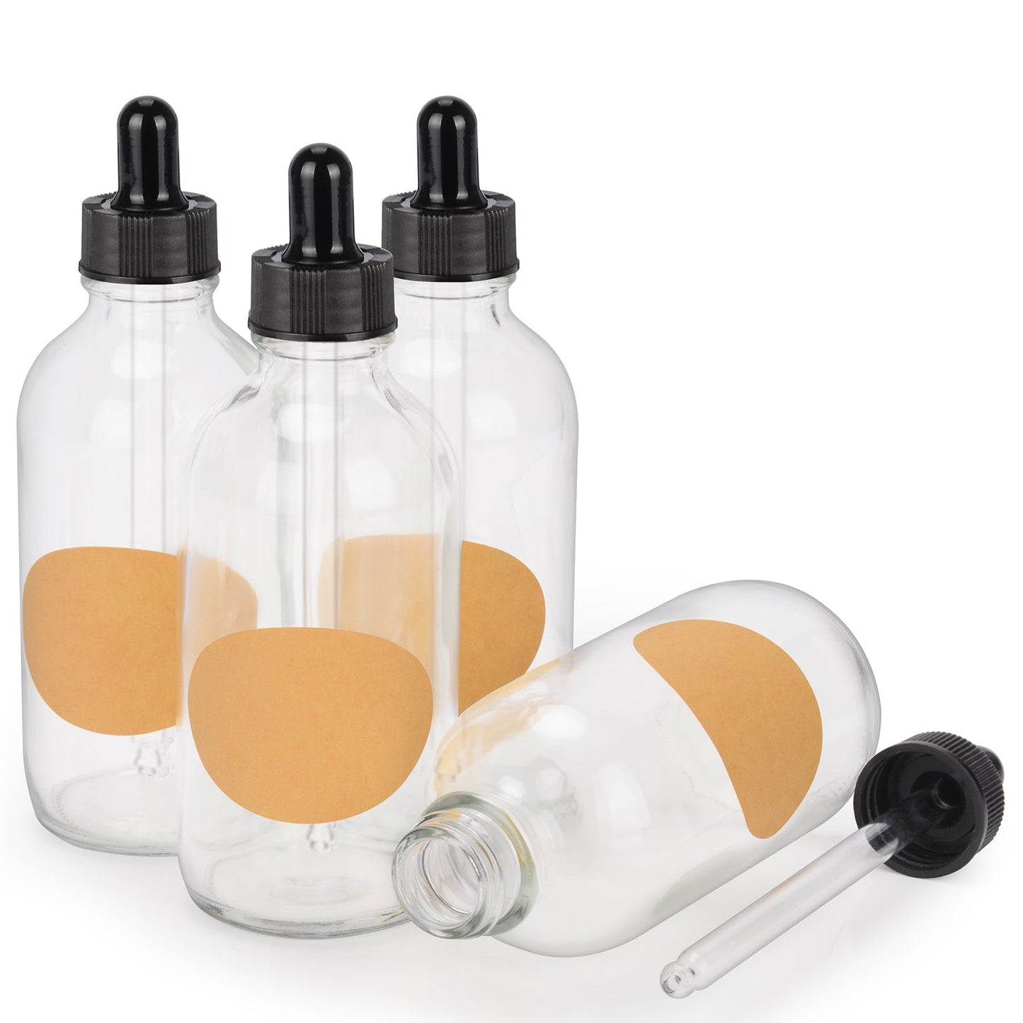 4-Pack Glass Dropper Bottle with Inner Plug and Label (120 ml, Transparent)
