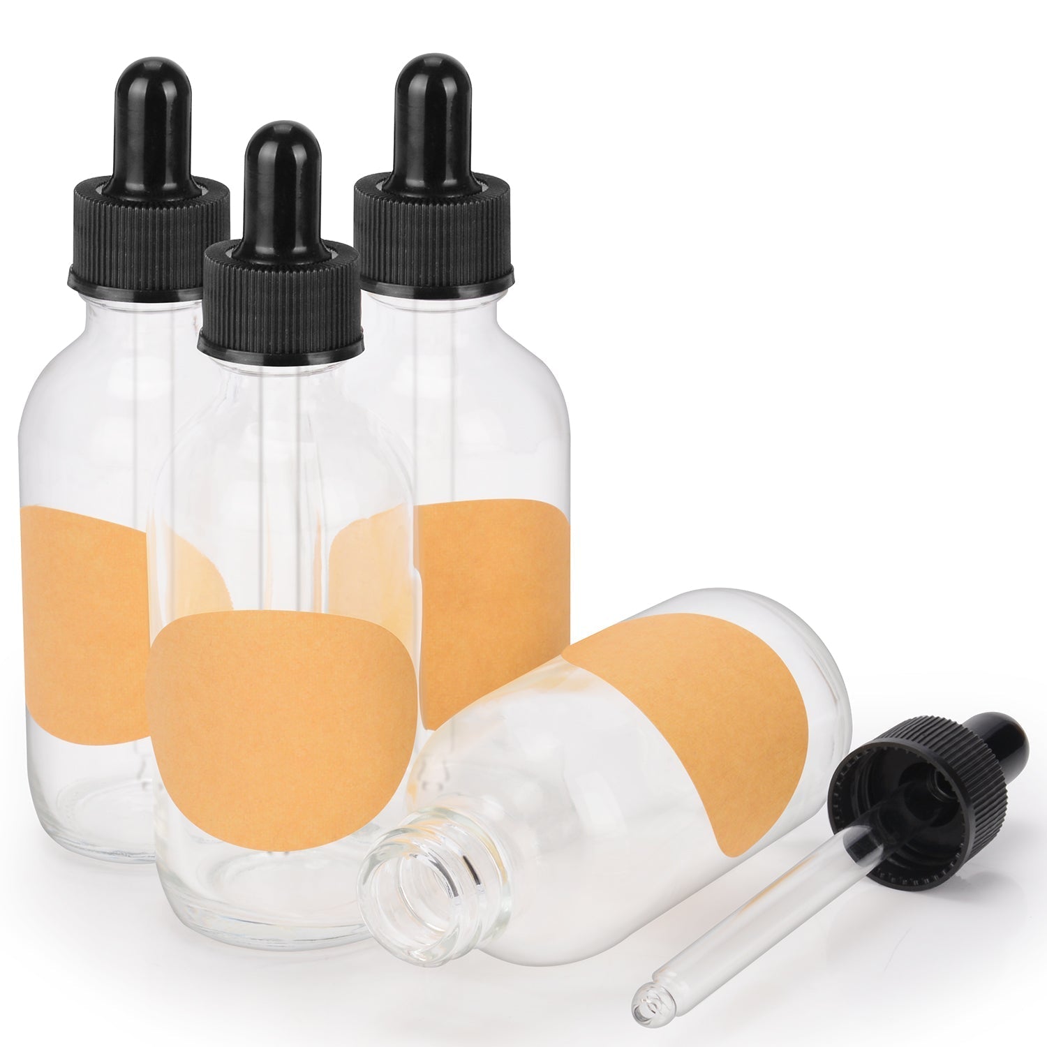4-Pack Glass Dropper Bottle with Inner Plug and Label (60 ml, Transparent)