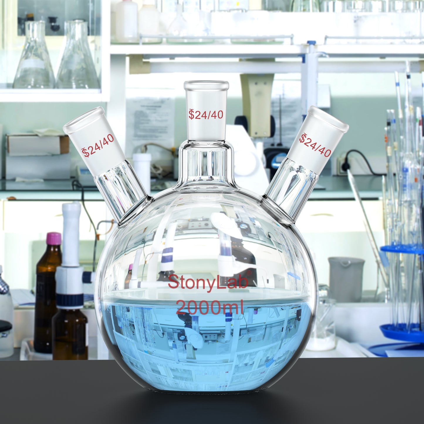 3-Neck Flat Bottom Flask, 24/40 Joint, 50-2000 ml