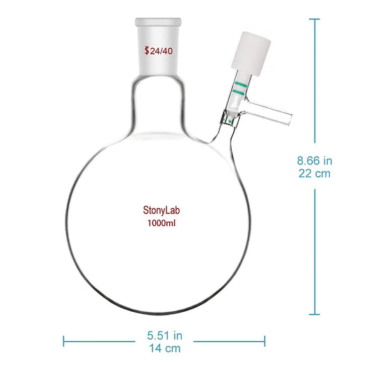 24/40 Joint Round Bottom Schlenk Flask with 0-4 mm High Vacuum Valve, 1000ml Flasks - Round Bottom