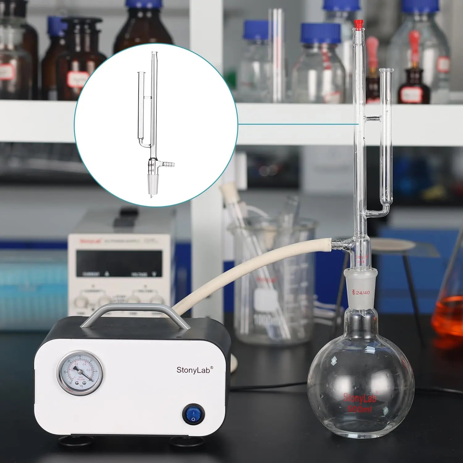 Comprehensive product view and setup components for StonyLab NMR Tube Washer Cleaner Glass Apparatus for 5 mm NMR Tube with 24