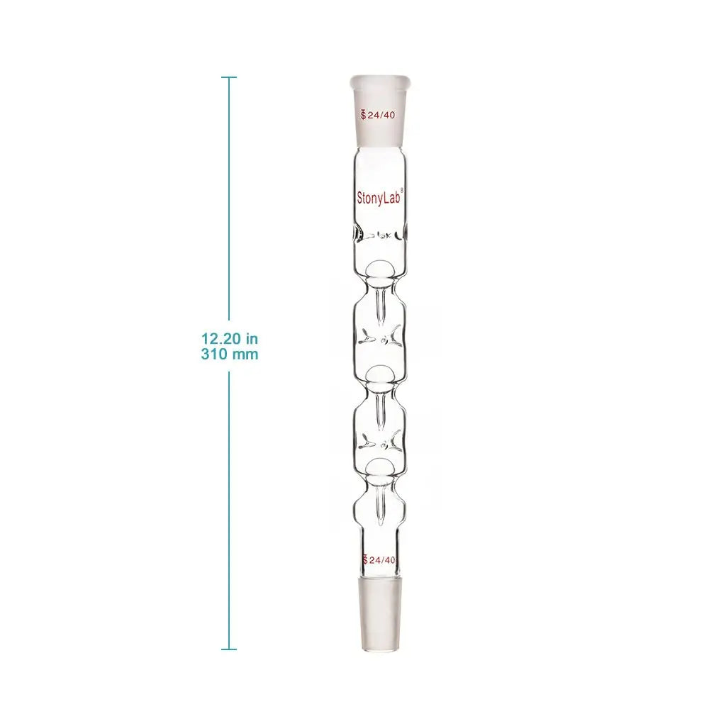 Close-up view showing the precise design and material of StonyLab Glass 3 Section Snyder Distilling Column with 24