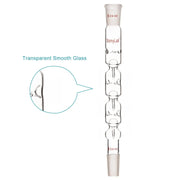 Side view and dimensional layout of the durable StonyLab Glass 3 Section Snyder Distilling Column with 24