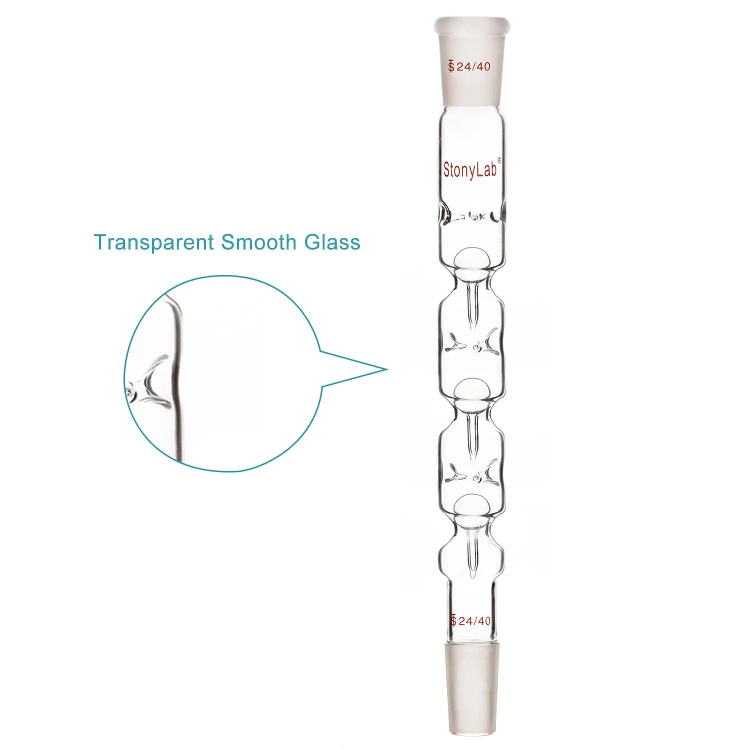 Side view and dimensional layout of the durable StonyLab Glass 3 Section Snyder Distilling Column with 24