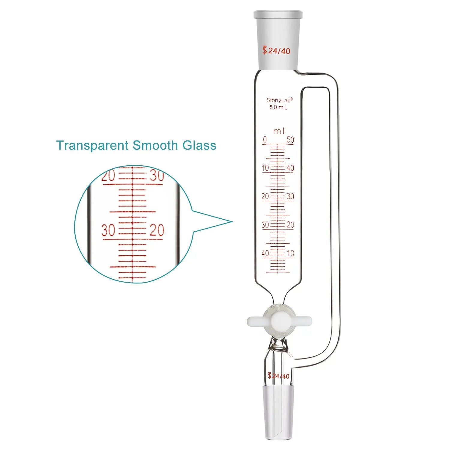 Side view and dimensional layout of the durable StonyLab Pressure Equalizing Graduated Addition Funnel with 24