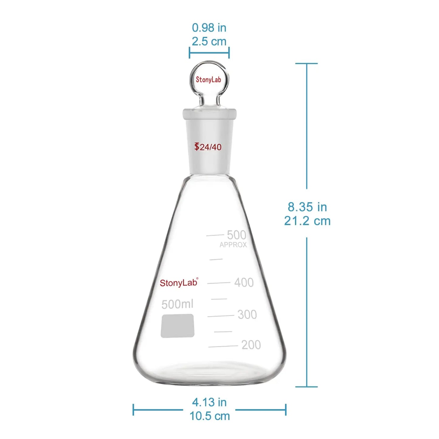 Erlenmeyer Flask with 24/40 Standard Taper Outer Joint and Glass Stopper, 50-1000 ml Flasks - Erlenmeyer 500-ml