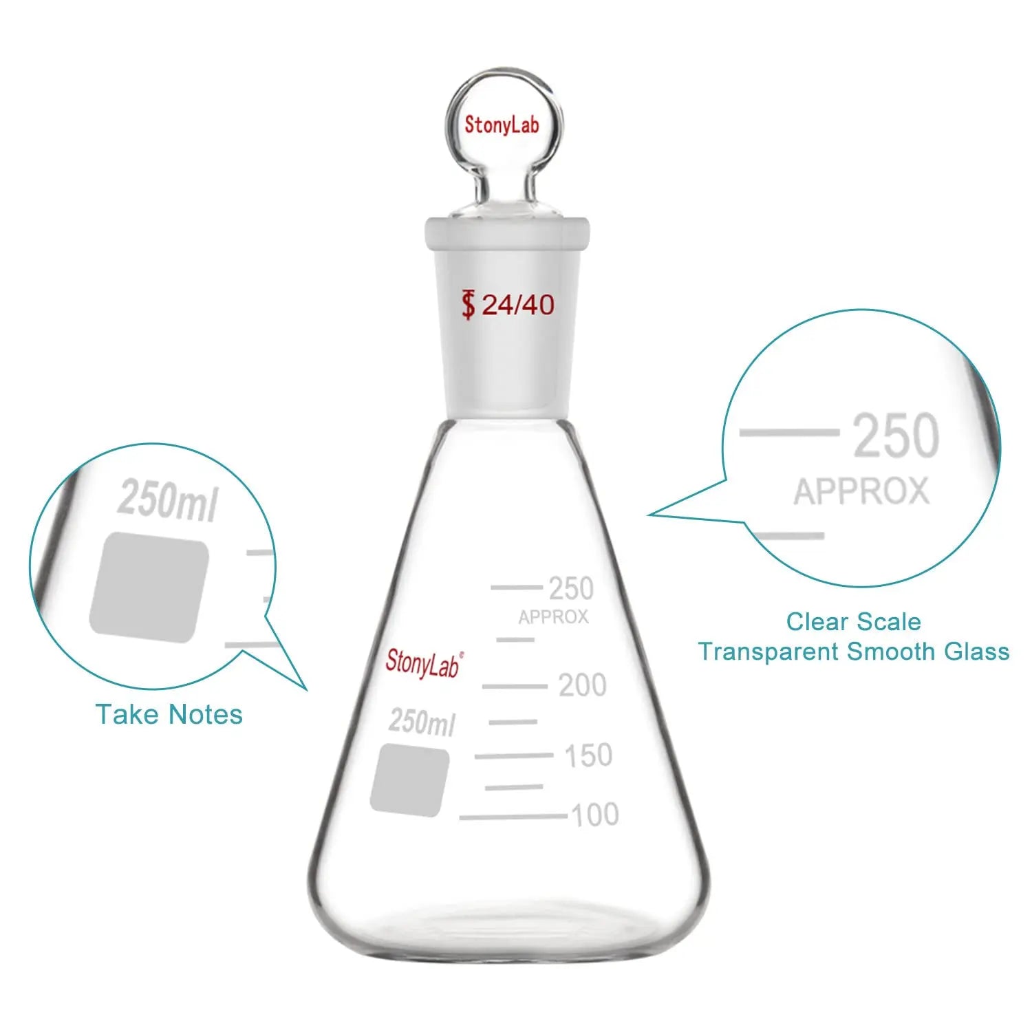 Erlenmeyer Flask with 24/40 Standard Taper Outer Joint and Glass Stopper, 50-1000 ml Flasks - Erlenmeyer