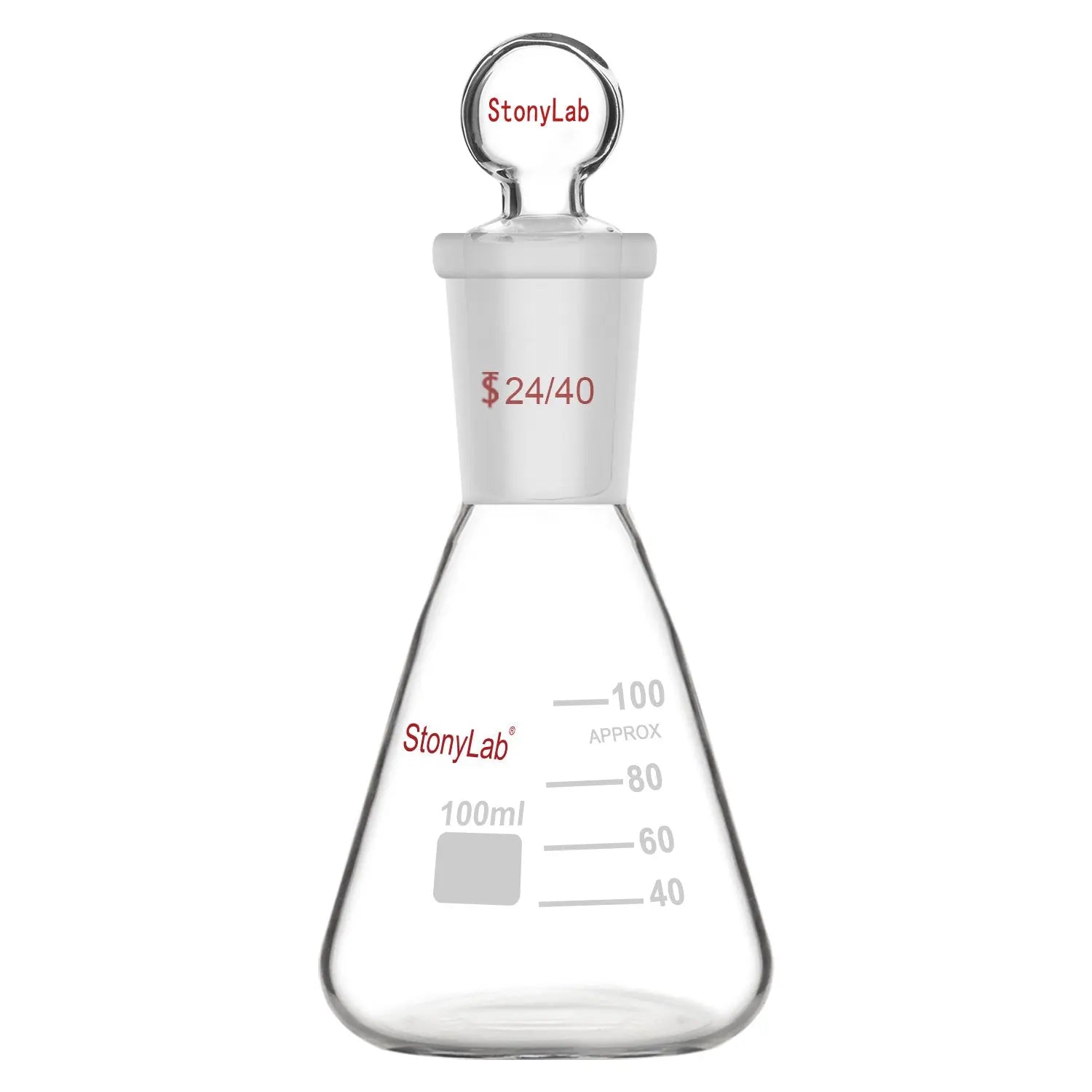 Erlenmeyer Flask with 24/40 Standard Taper Outer Joint and Glass Stopper, 50-1000 ml - StonyLab Flasks - Erlenmeyer 100-ml