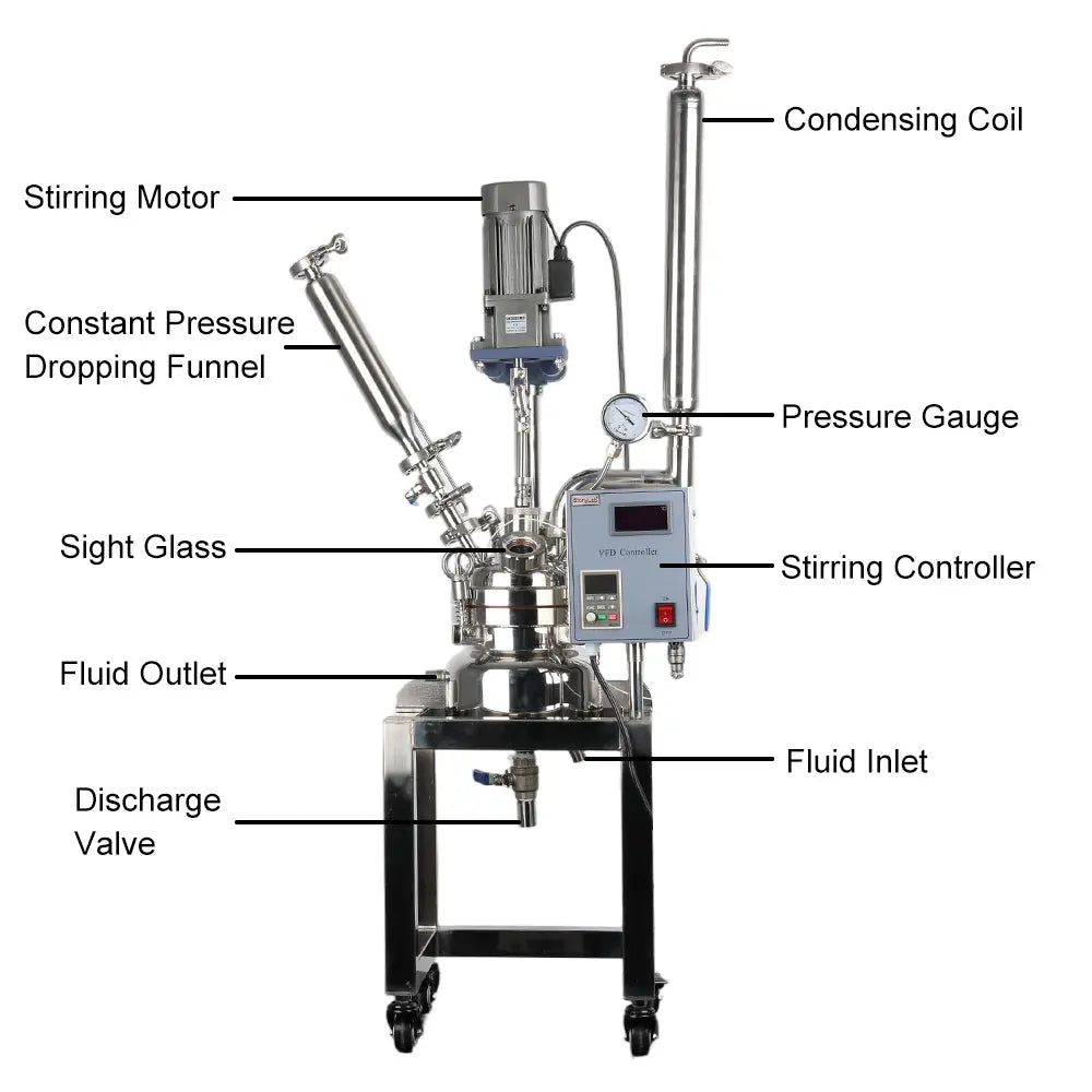 5 L jacketed 316L stainless steel reactor with mechanical stirrer and shell-and-tube condenser for laboratory chemical synthesis StonyLab