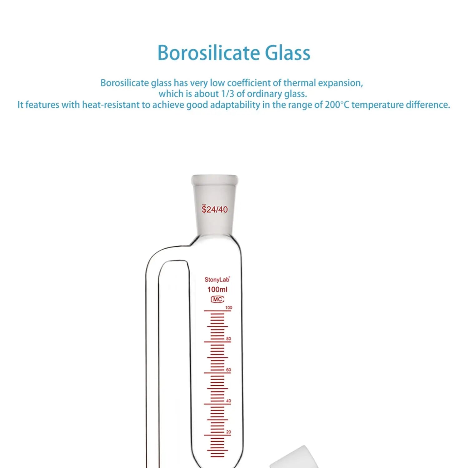 Side view and dimensional layout of the durable StonyLab Graduated Pressure Equalizing Addition Funnel