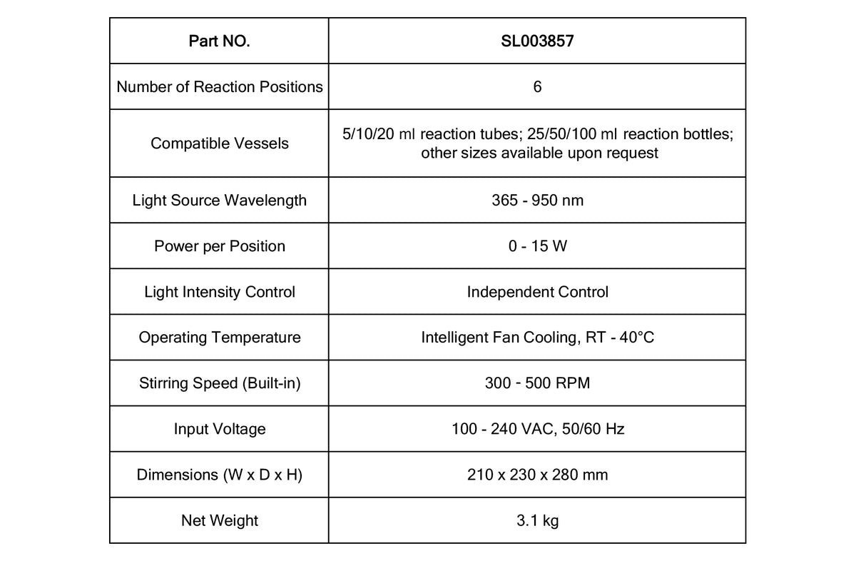 6-Position Modular Parallel Photoreactor Specification