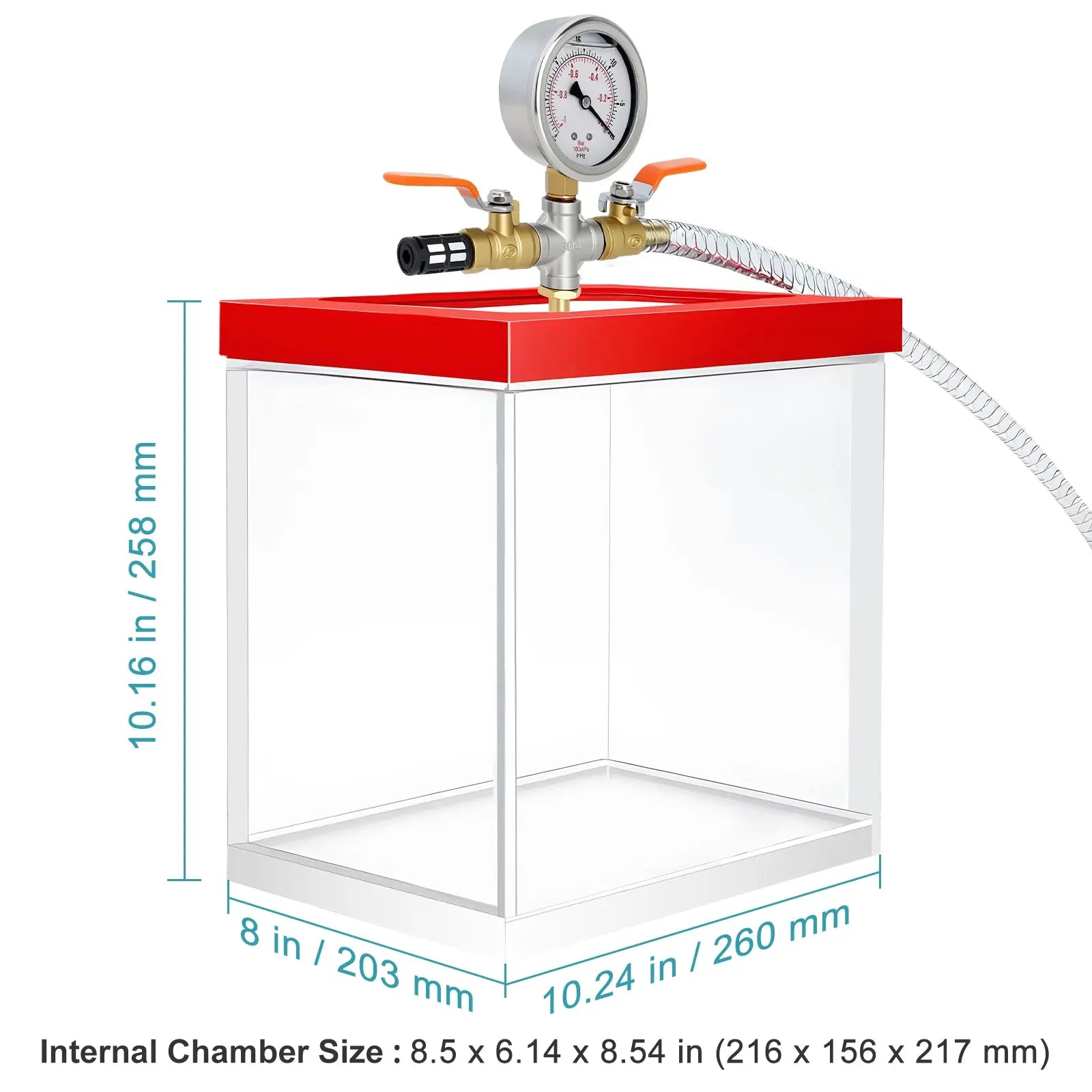 Close-up view showing the precise design and material of StonyLab Acrylic Vacuum Chamber with 10.2 mm Vacuum Port