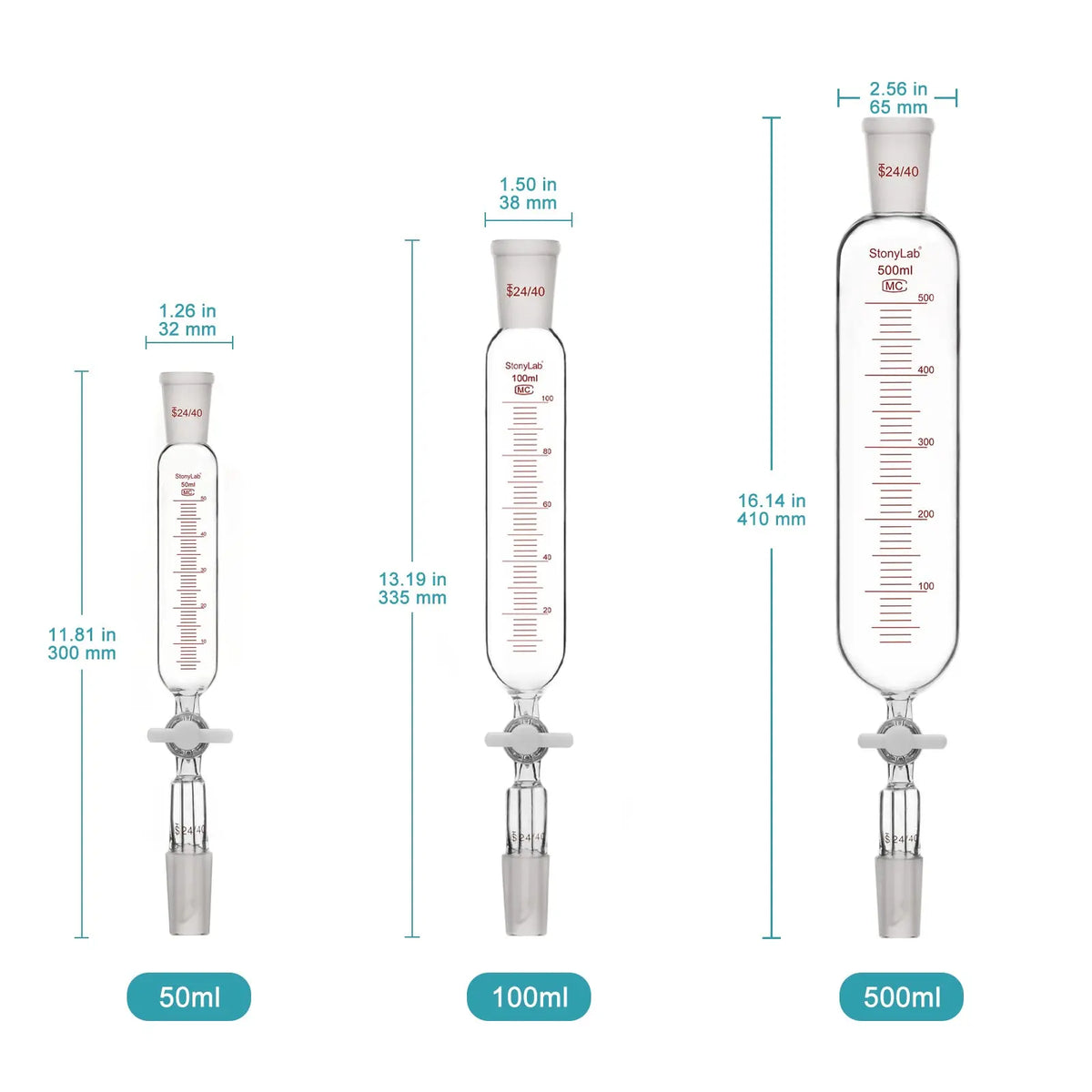 Addition Funnel, 24/40 Joint, PTFE Stopcock, 50-500 ml Funnels-Glass Funnels