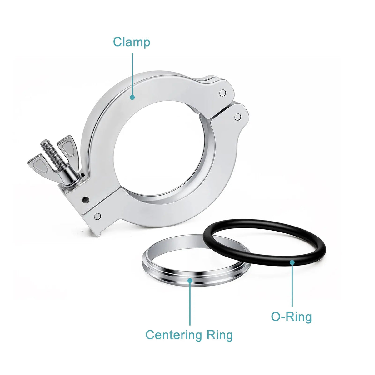 Aluminum alloy KF vacuum flange clamp with positioning support bracket, wing nut and nitrile rubber gasket for KF16, KF25, KF40 and KF50 vacuum connections StonyLab