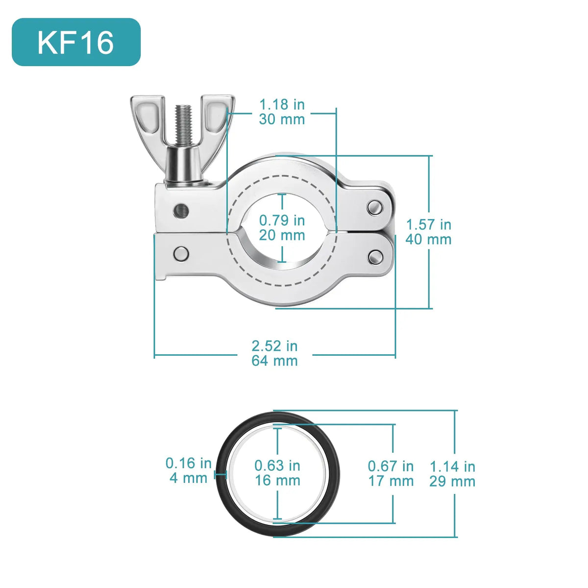 Aluminum alloy KF vacuum flange clamp with positioning support bracket, wing nut and nitrile rubber gasket for KF16, KF25, KF40 and KF50 vacuum connections StonyLab