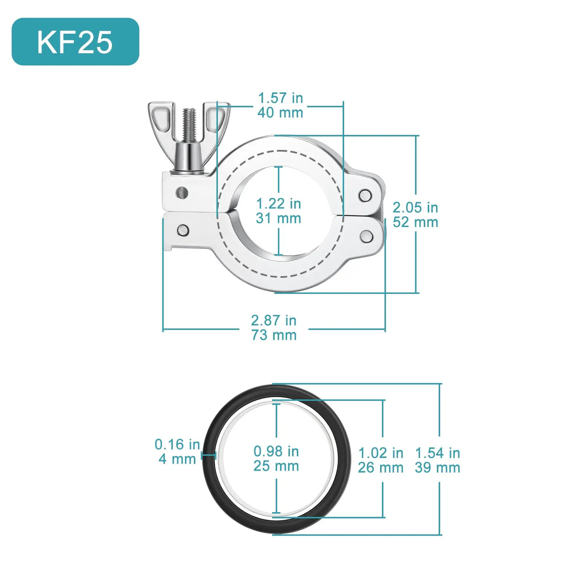 Aluminum alloy KF vacuum flange clamp with positioning support bracket, wing nut and nitrile rubber gasket for KF16, KF25, KF40 and KF50 vacuum connections StonyLab