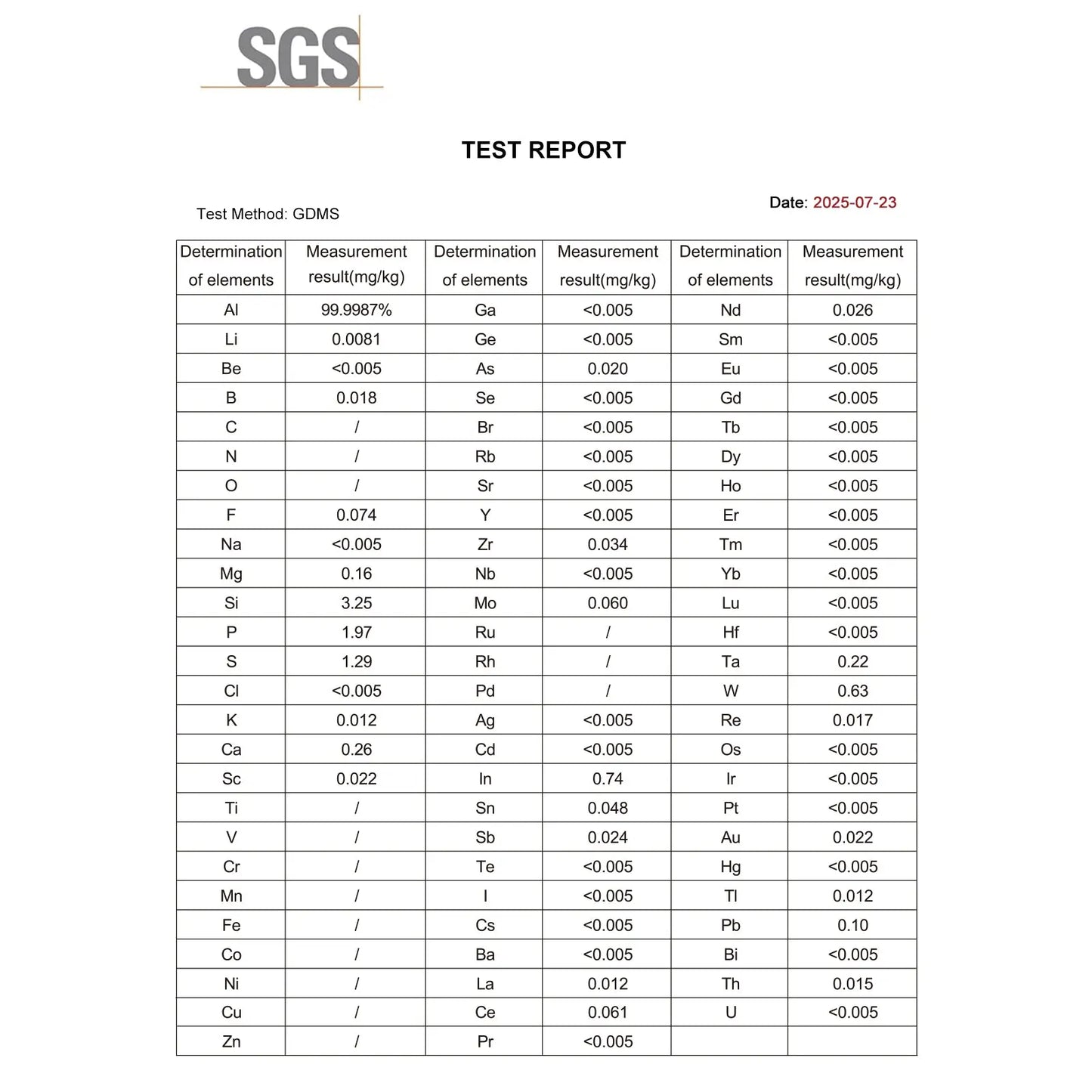 Aluminum Sheet Electrode, 10x15x1 mm, SGS Certified - GDMS Tested Electrode-General