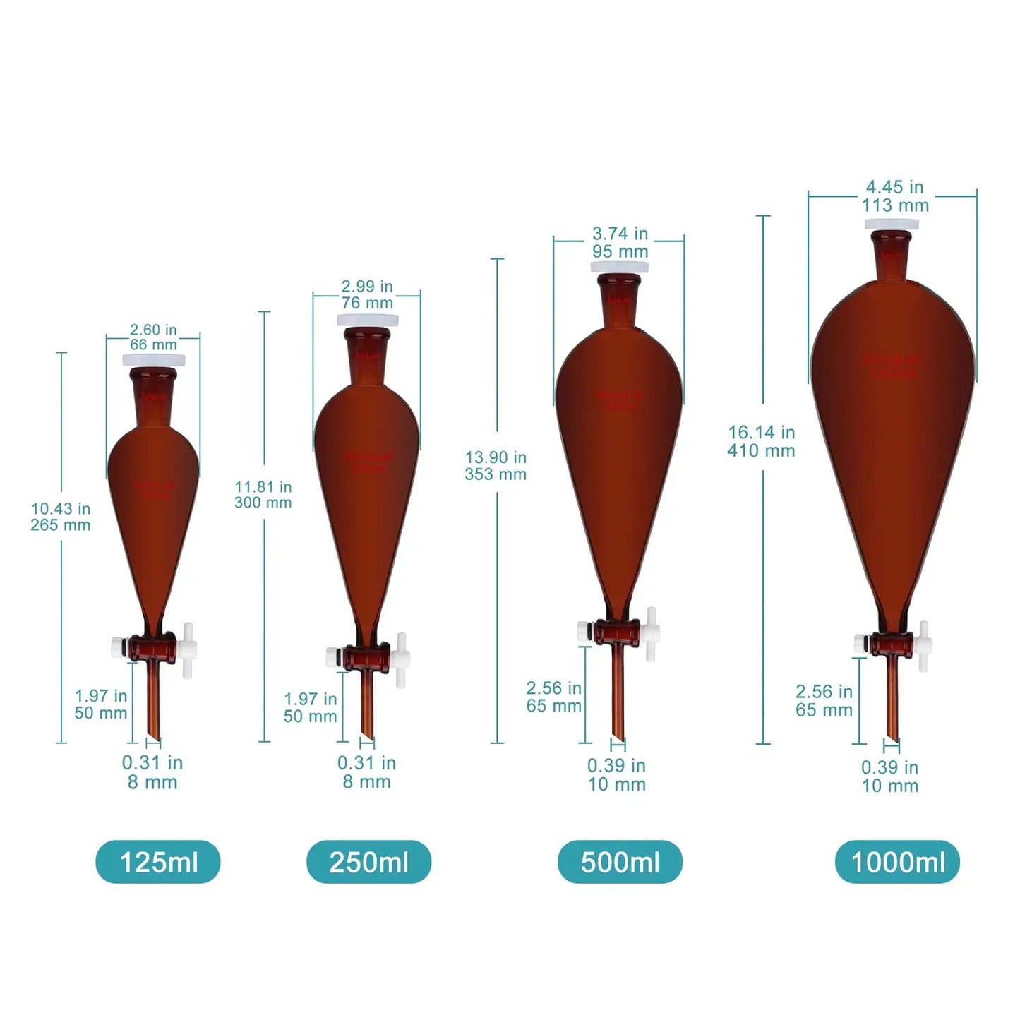 Amber Conical Separatory Funnel with 24/40 Joints and PTFE Stopcock, 125-5000 ml Funnels-Separatory