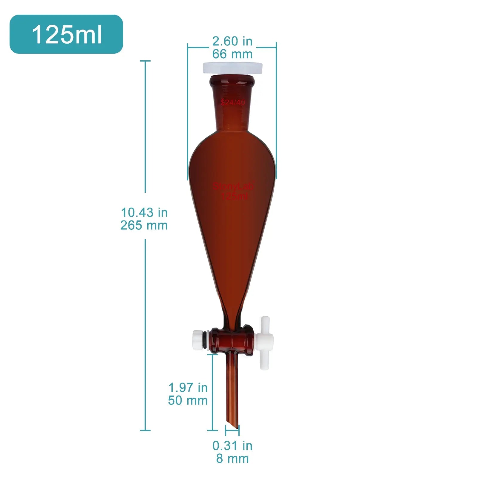 Amber Conical Separatory Funnel with 24/40 Joints and PTFE Stopcock, 60-5000 ml Funnels-Separatory