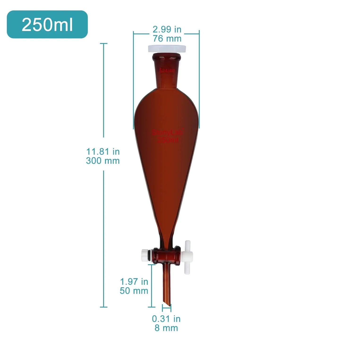 Amber Conical Separatory Funnel with 24/40 Joints and PTFE Stopcock, 60-5000 ml Funnels-Separatory