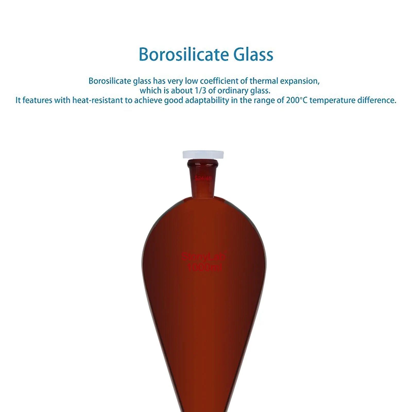 Side view and dimensional layout of the durable StonyLab Amber Conical Separatory Funnel with 24