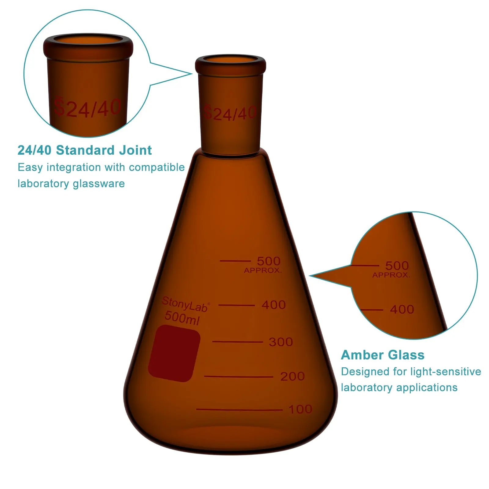 Amber Erlenmeyer Flask, 24/40 Joint, 100-500 ml Flasks-Erlenmeyer