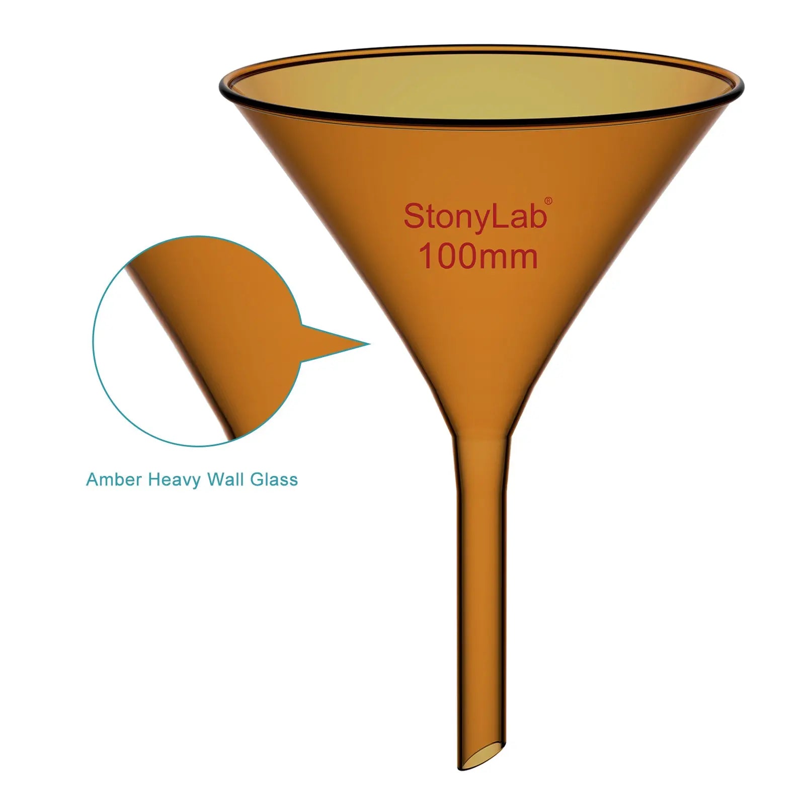 Side view and dimensional layout of the durable StonyLab Amber Filter Funnel