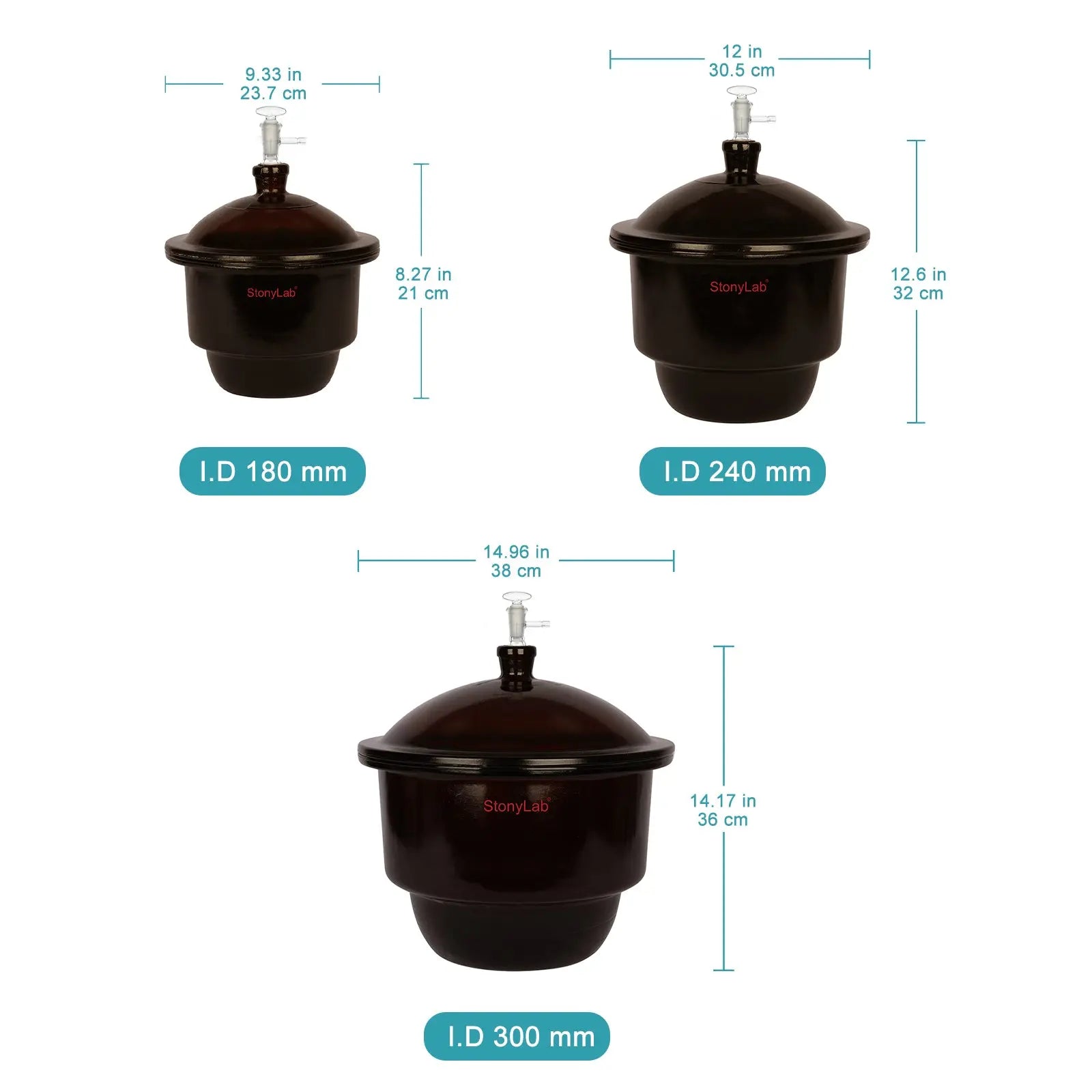 Amber Glass Vacuum Desiccator, I.D 180mm - 300mm Desiccators-Vacuum