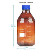 Side view and dimensional layout of the durable StonyLab Amber Media Storage Bottles with GL45 Blue Screw Cap