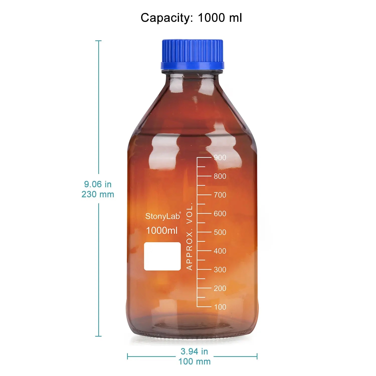 Side view and dimensional layout of the durable StonyLab Amber Media Storage Bottles with GL45 Blue Screw Cap