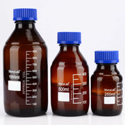 Alternative angle showing underlying build quality of StonyLab Amber Media Storage Bottles with GL45 Blue Screw Cap