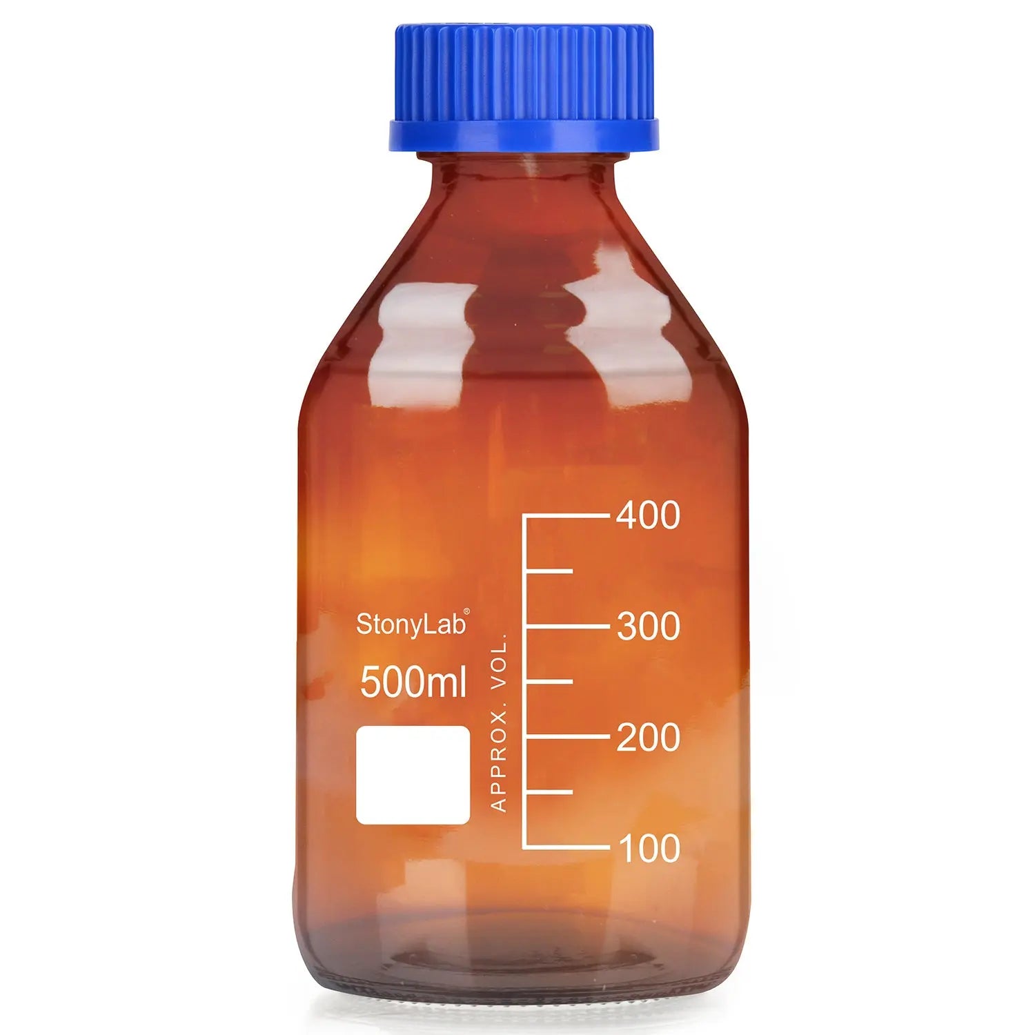 Comprehensive product view and setup components for StonyLab Amber Media Storage Bottles with GL45 Blue Screw Cap