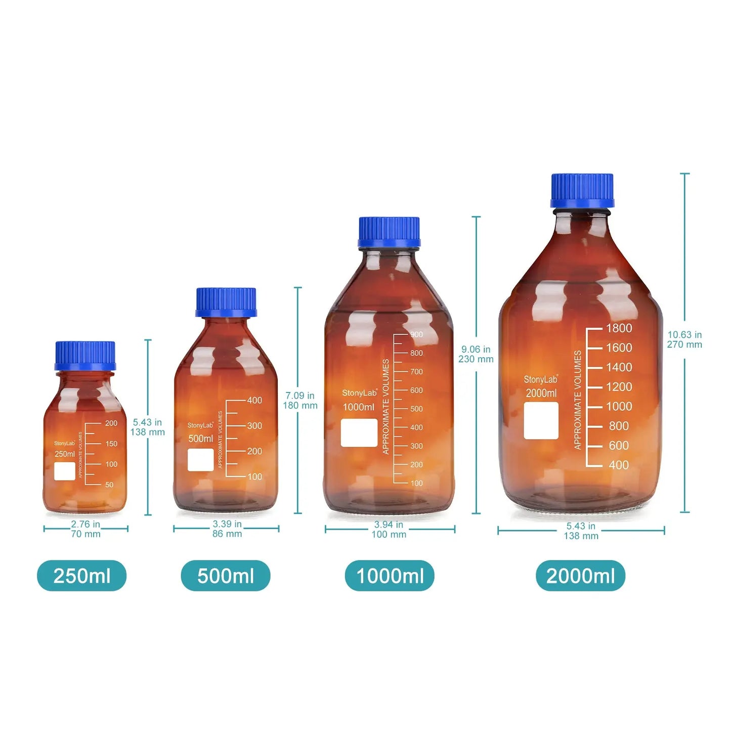 Amber Media Storage Bottles with GL45 Blue Screw Cap,250-2000 ml Bottles-Storage Bottles