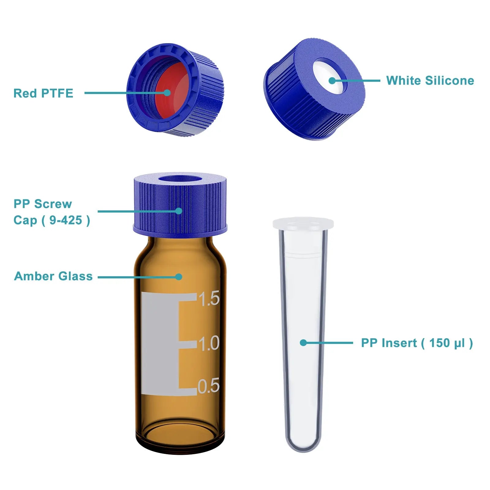 Side view and dimensional layout of the durable StonyLab Amber Autosampler Vials with PP Inserts