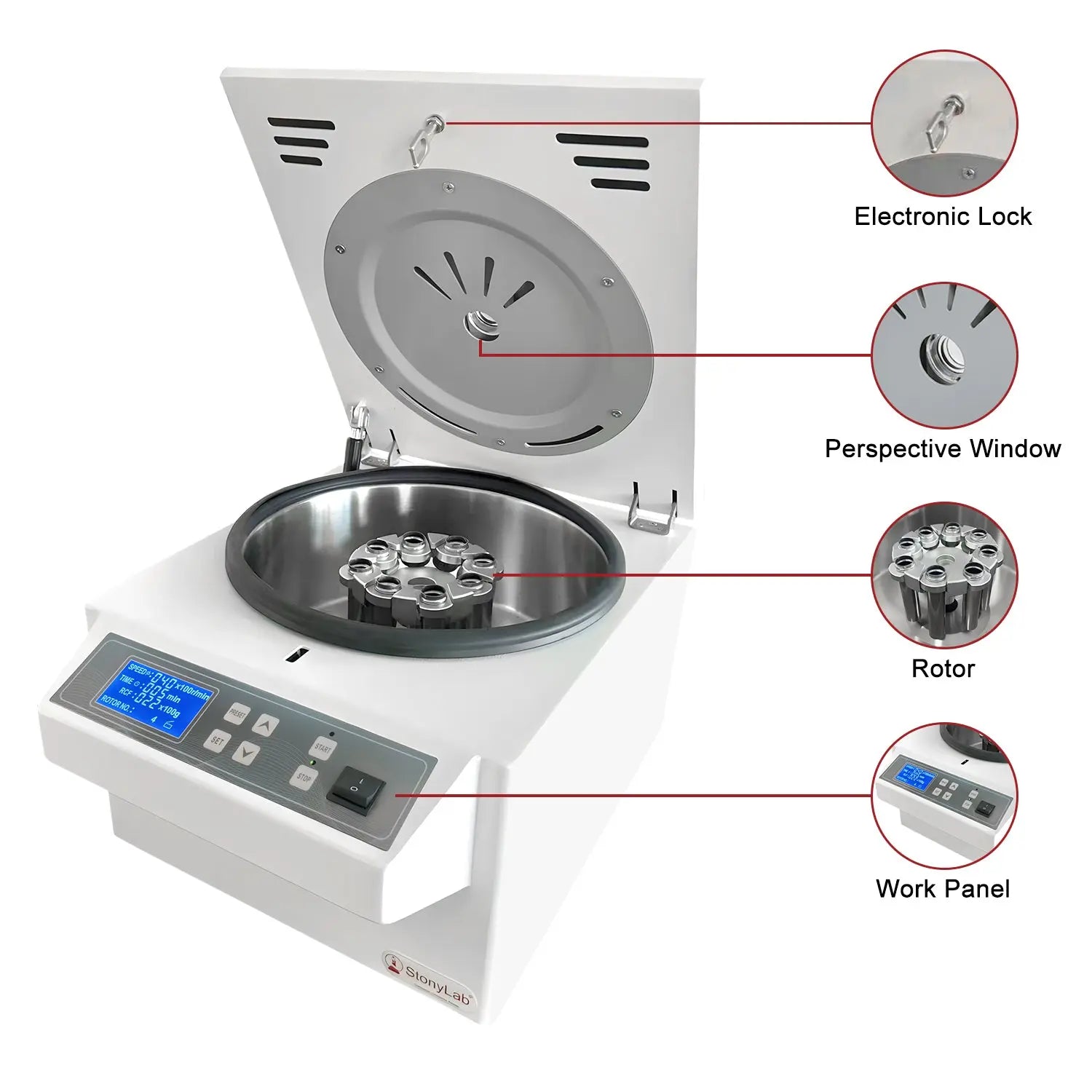 Side view and dimensional layout of the durable StonyLab Benchtop Low-Speed Centrifuge
