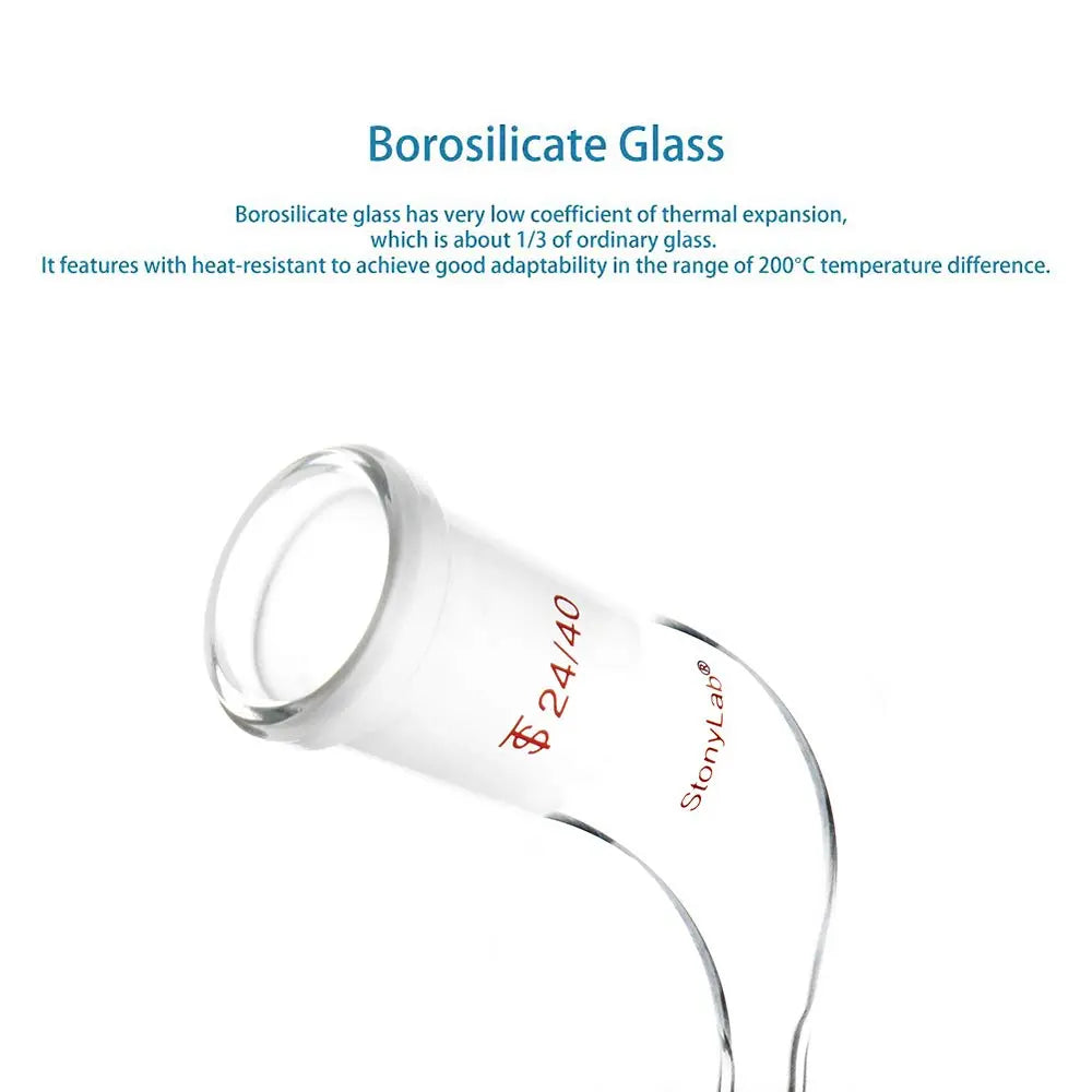 Side view and dimensional layout of the durable StonyLab Bent Distillation Adapter with 100 mm Tapered Drip Tube