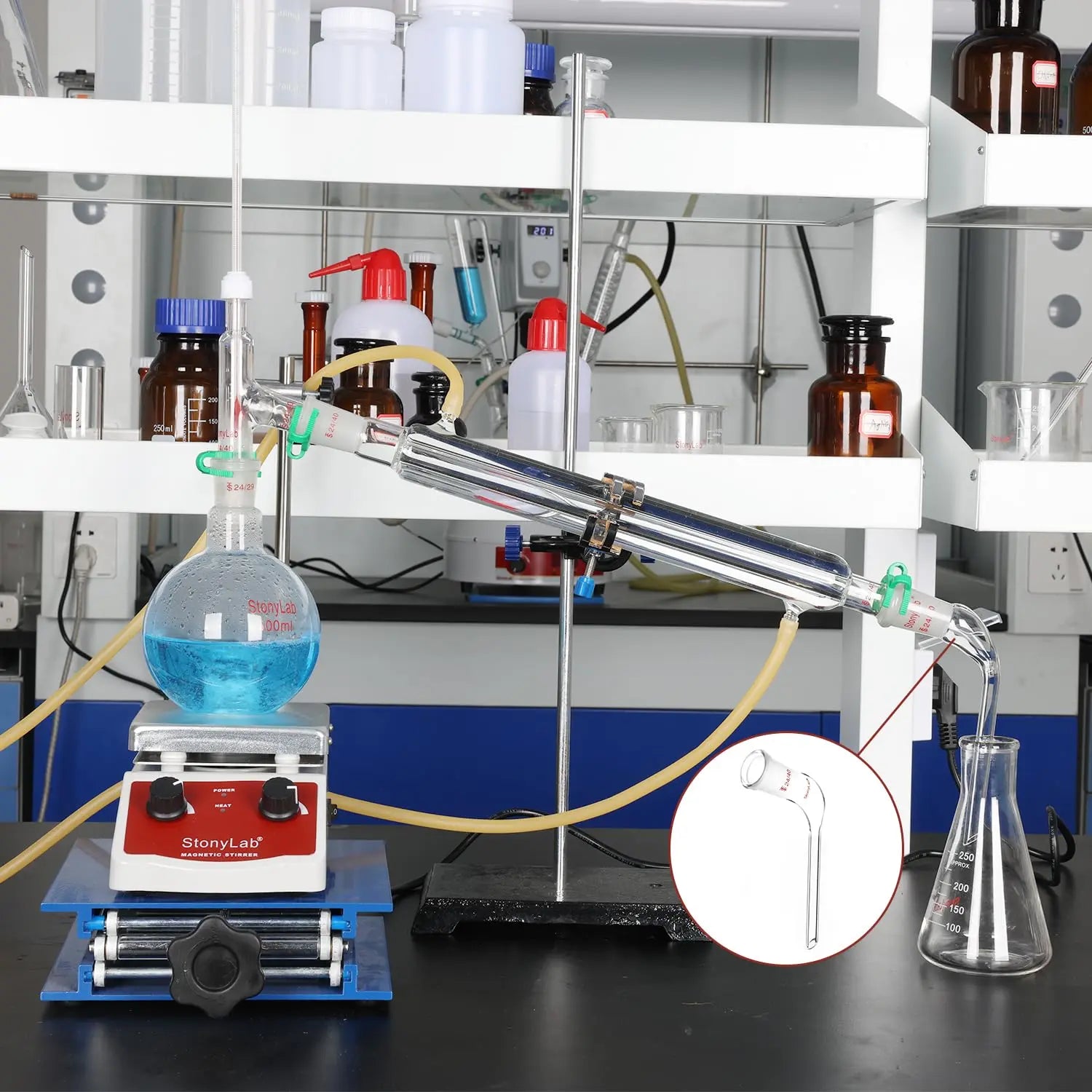 Comprehensive product view and setup components for StonyLab Bent Distillation Adapter with 100 mm Tapered Drip Tube