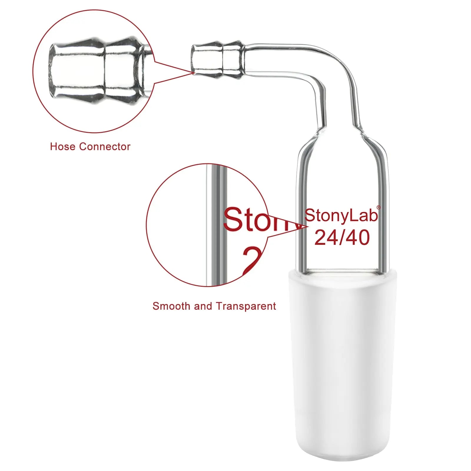 Side view and dimensional layout of the durable StonyLab Bent Inlet Adapter with a 10 mm Hose Connection and Male Joint