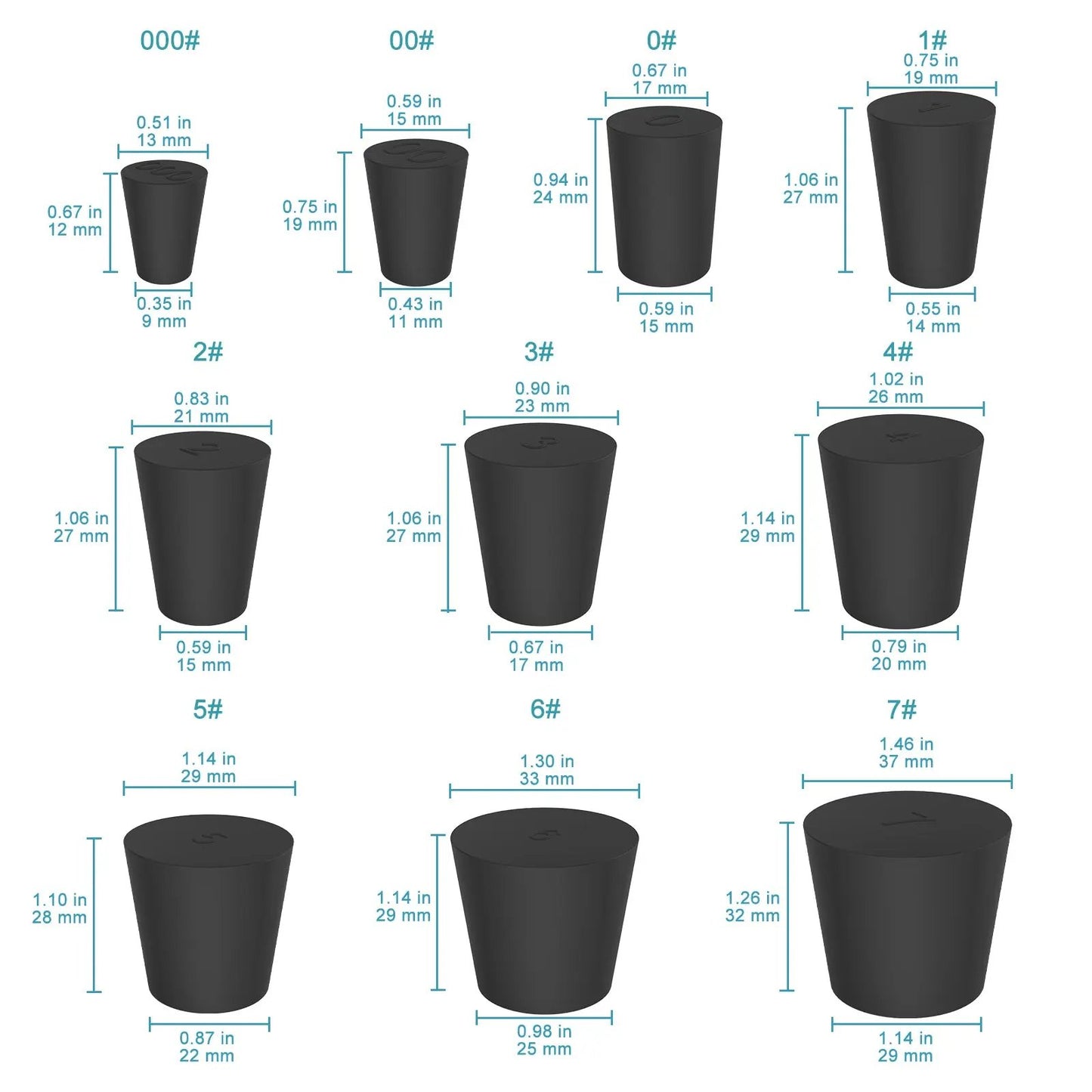 Black Rubber Stoppers, Solid, Size #000 - #12