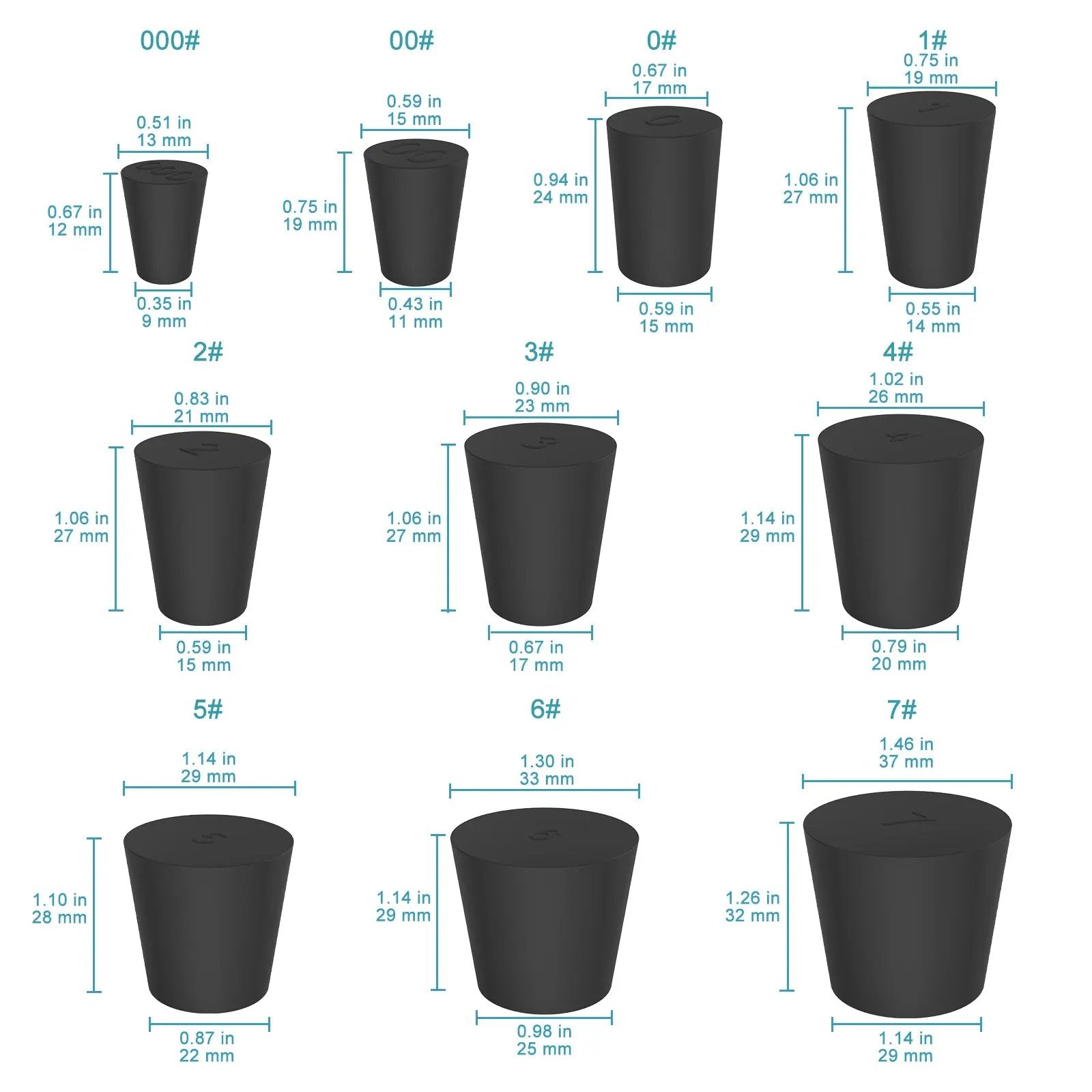 Black Rubber Stoppers, Solid, Size #000 - #12