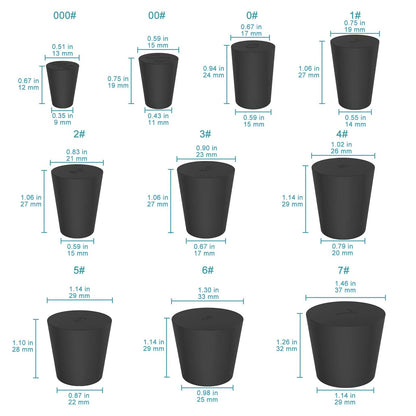 Black Rubber Stoppers, Solid, Size #000 - #12