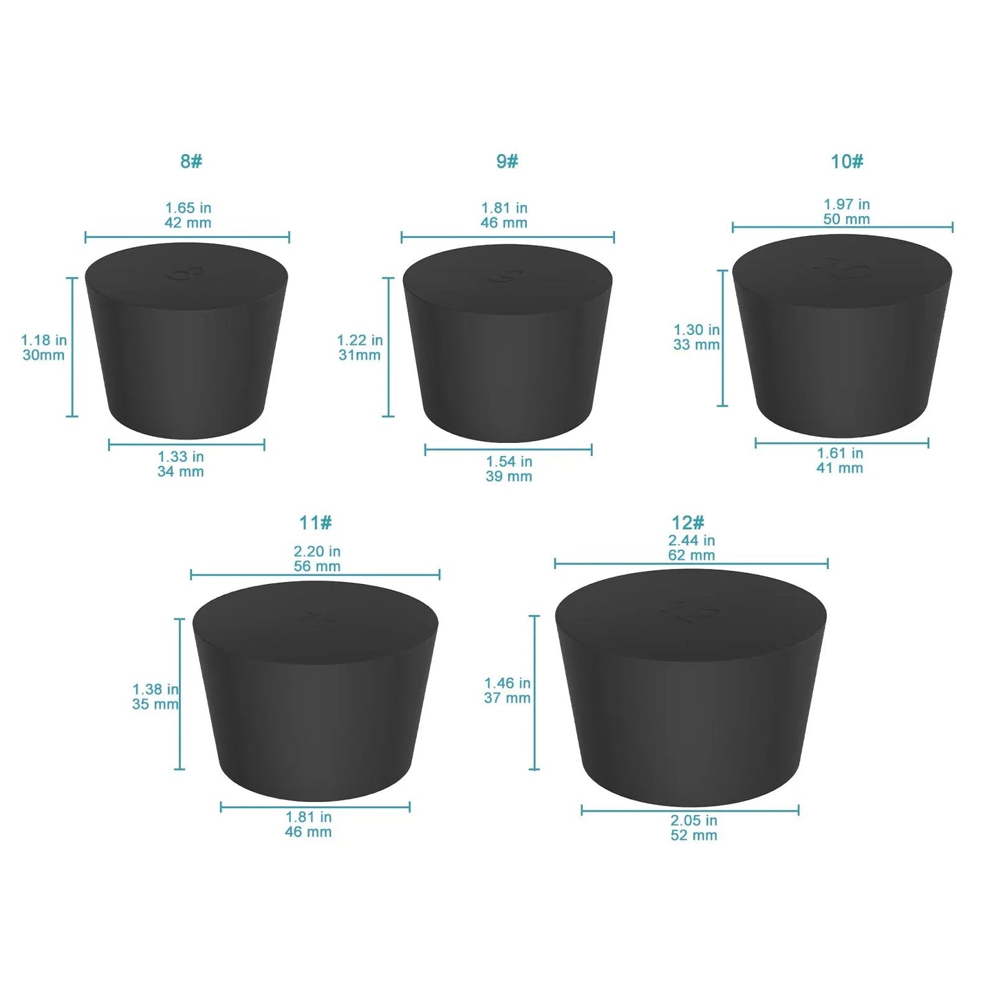 Black Rubber Stoppers, Solid, Size #000 - #12